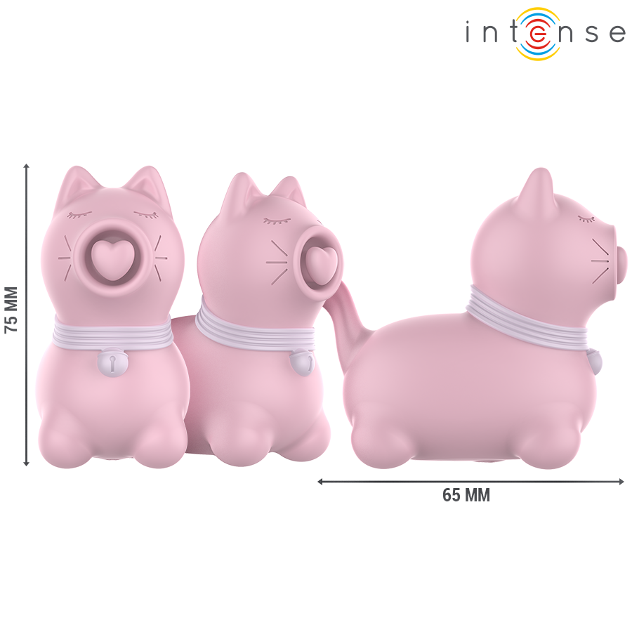 Trois vues du stimulateur clitoridien chat rose Intense avec cotes 75 mm de hauteur et 65 mm, profil arrondi à langue pulsante pour cibler le clitoris.