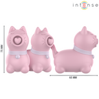 Trois vues du stimulateur clitoridien chat rose Intense avec cotes 75 mm de hauteur et 65 mm, profil arrondi à langue tapotement pour cibler le clitoris.