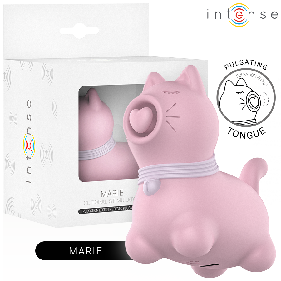 Boite Marie du stimulateur clitoridien chat rose Intense, pictogramme langue pulsante, jouet animal au format compact pour la stimulation du clitoris.