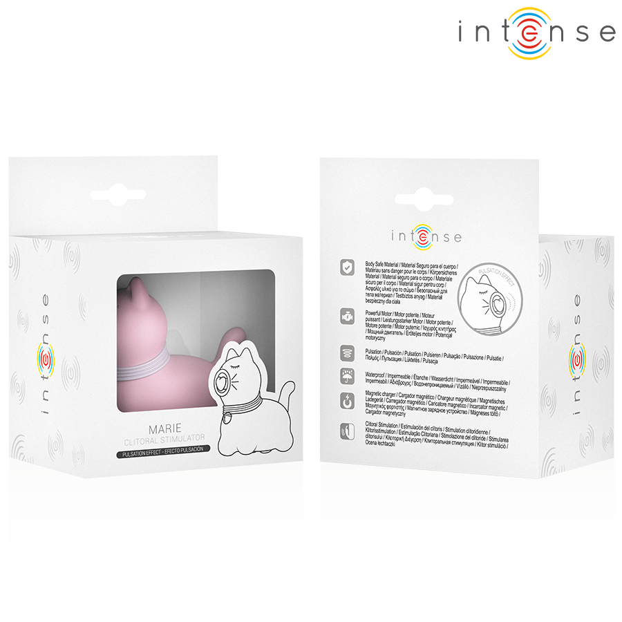 Emballage du stimulateur clitoridien chat Marie Intense vu sous plusieurs angles, packaging discret du jouet animal à langue pulsante pour le clitoris.