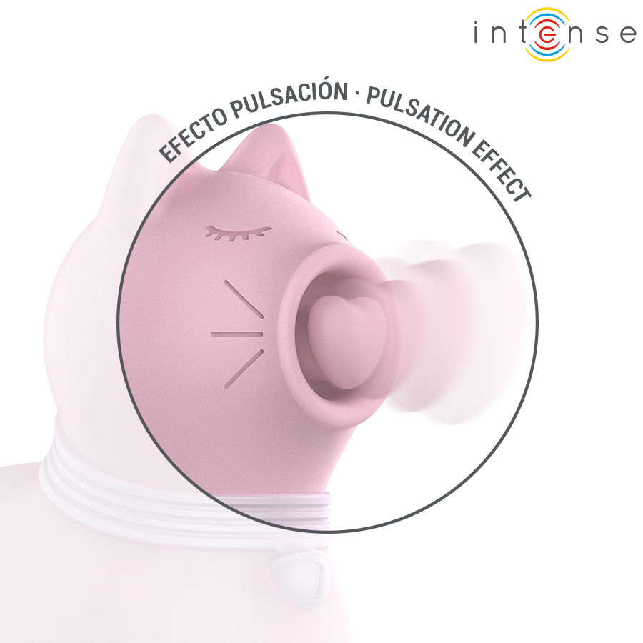 Gros plan sur la bouche en cœur du stimulateur clitoridien chat rose Intense, effet pulsation illustre, conçu pour une caresse clitoridienne ciblee et douce.