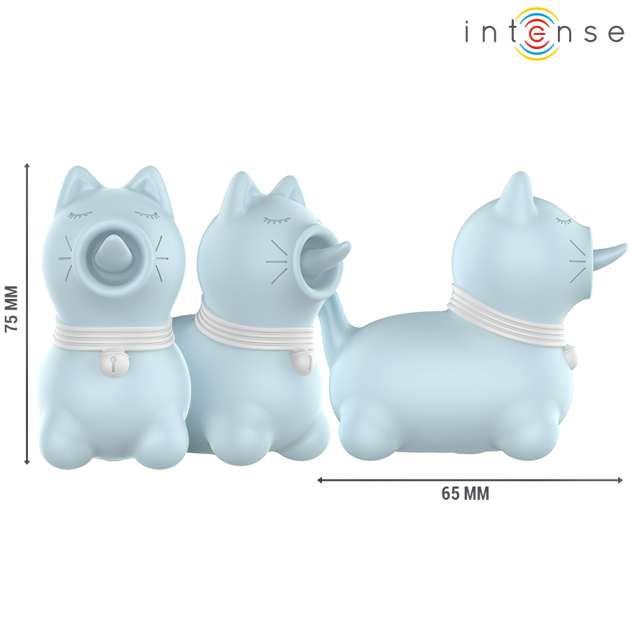 Stimulateur clitoridien Intense chat bleu pastel vu sous trois angles, cotes 75 mm et 65 mm, langue oscillante et collier, silicone fantaisie mignon.