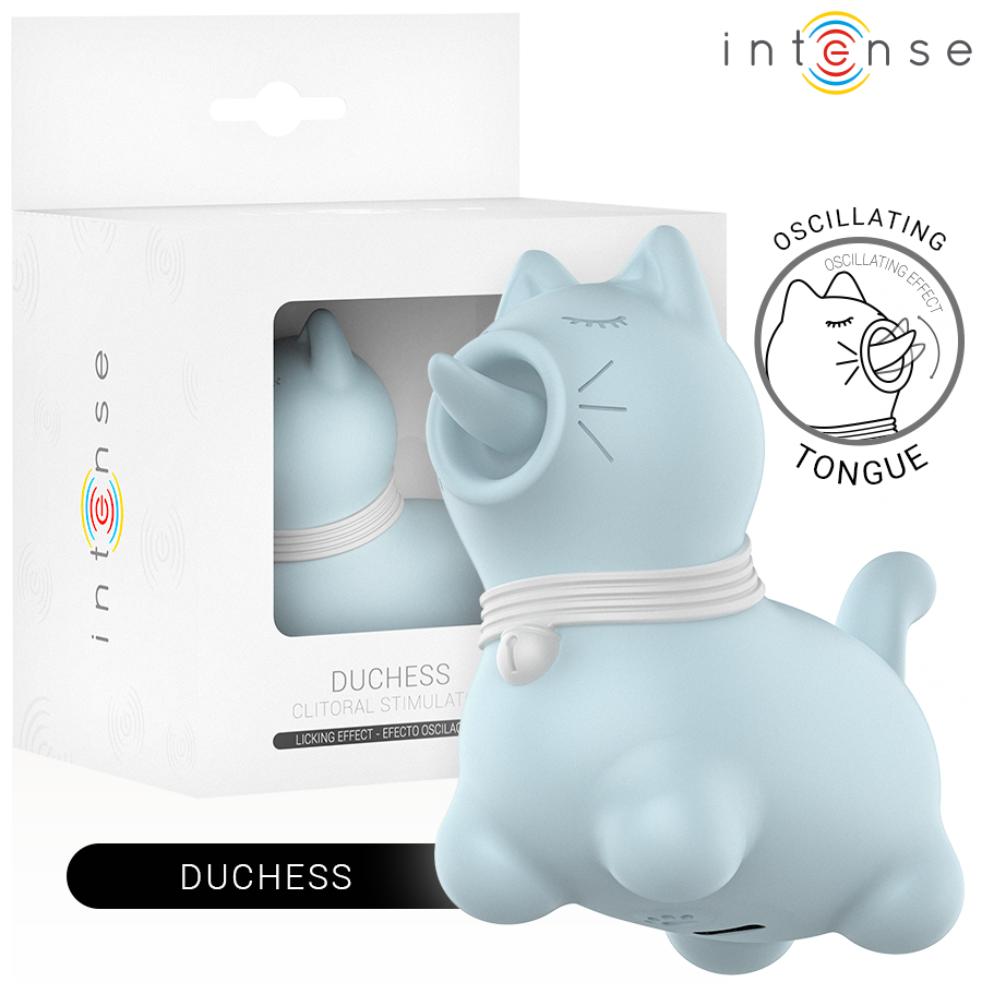 Boite Intense Duchess, stimulateur clitoridien chat bleu pastel a langue oscillante, encart tongue oscillating, silicone doux body-safe fantaisie.