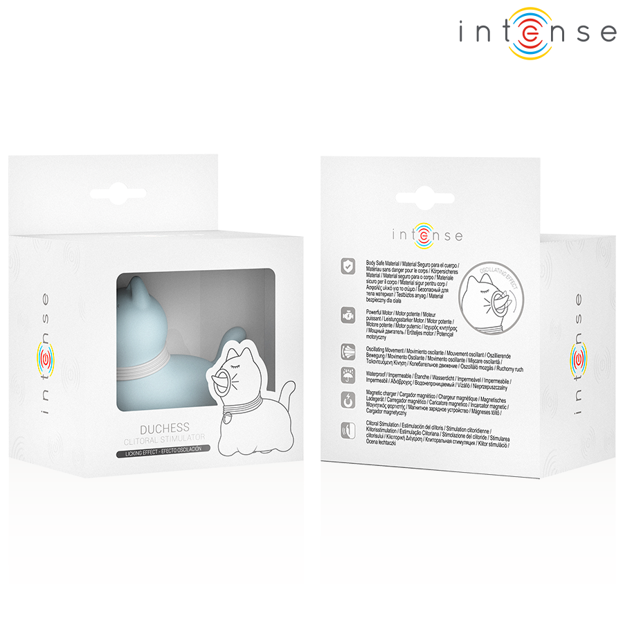 Deux boites Intense Duchess, stimulateur clitoridien chat bleu, faces avant et arriere avec notice et schema langue oscillante, silicone fantaisie.