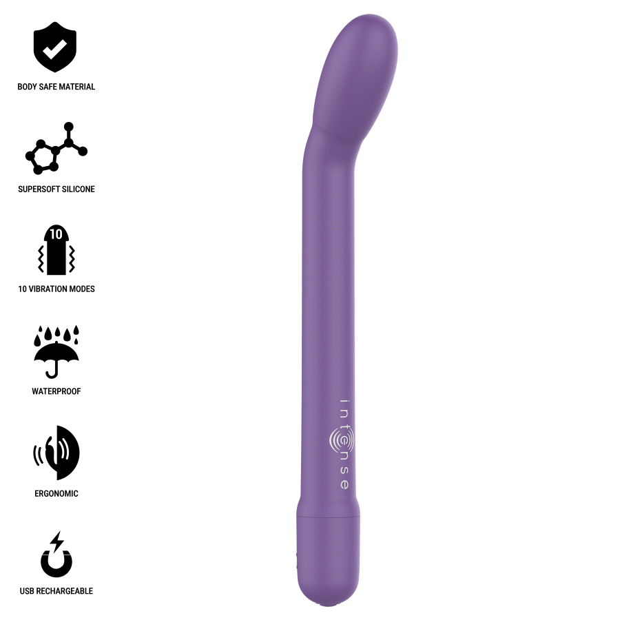 Vibromasseur point G Karlie violet Intense à tige fine et tete courbée lisse, silicone doux, forme ergonomique élancée pensee pour atteindre le point G.