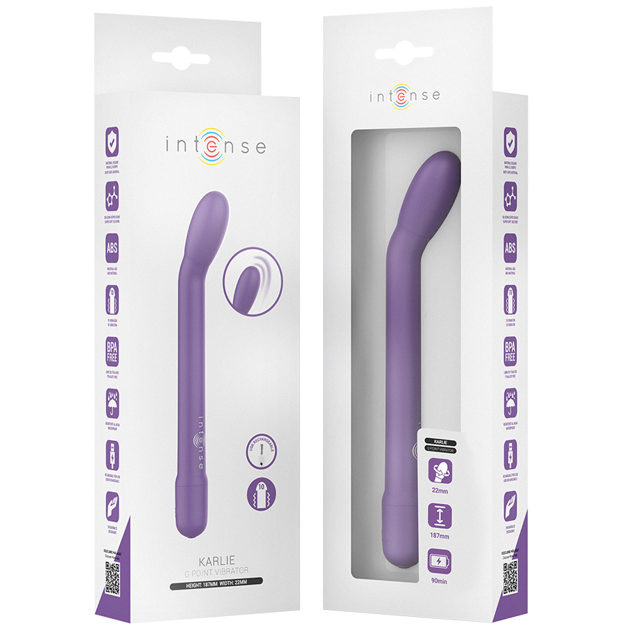 Boite Karlie Intense ouverte montrant le vibromasseur point G violet à tige fine, packaging et jouet silicone dix modes pour cibler le point G.