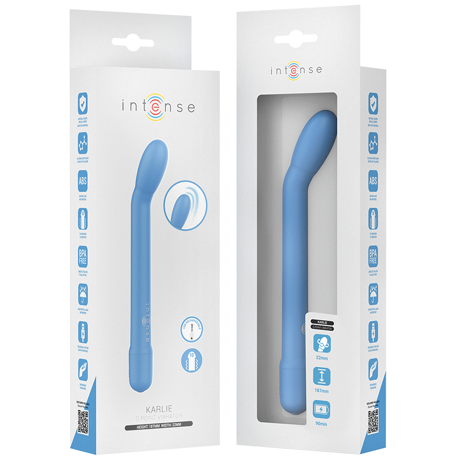Boite bleue Intense Karlie du stimulateur point G en silicone, presentation recto-verso avec pictogrammes des dix modes de vibration et de la forme ergonomique.