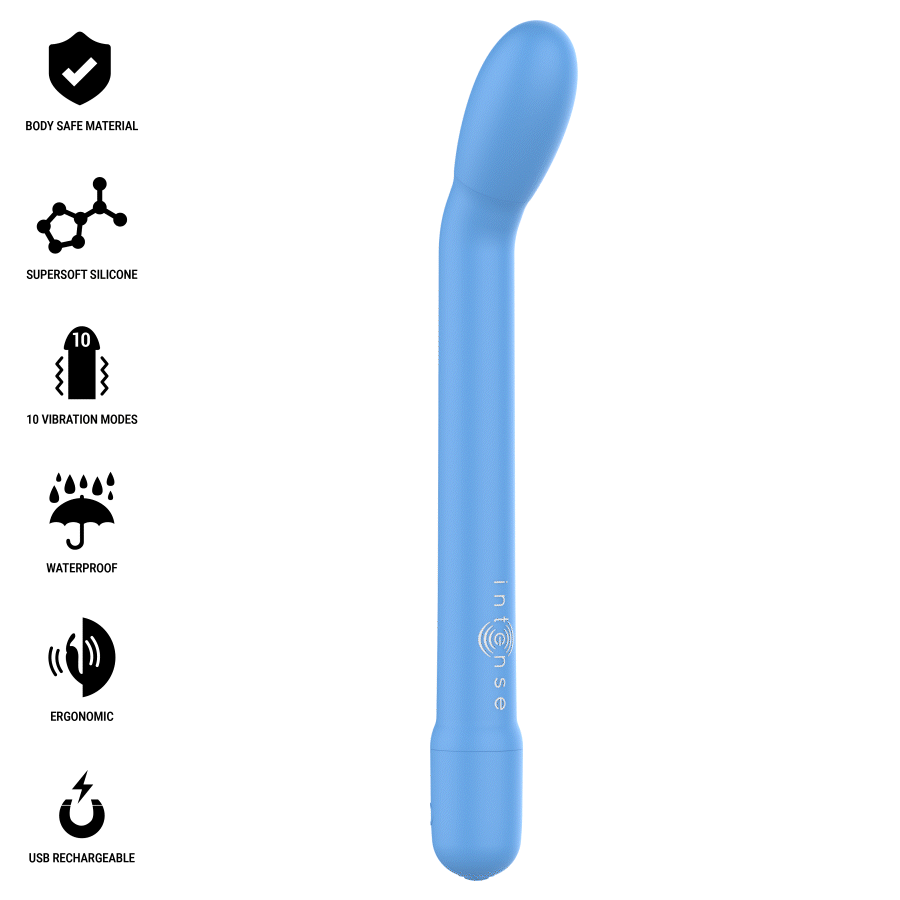 Stimulateur point G Karlie en silicone bleu lisse a tige fine et tete courbee, dix modes de vibration, format ergonomique et discret pour cibler la zone sensible.