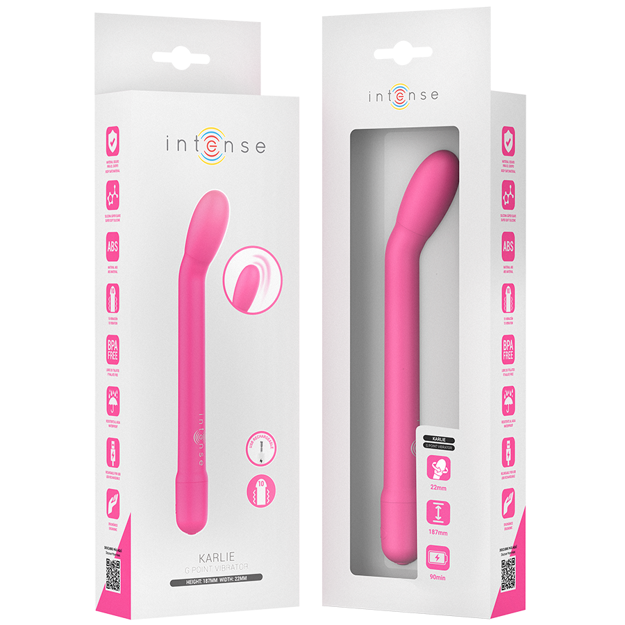 Boite Karlie Intense ouverte montrant le vibromasseur point G rose à tige fine, packaging et jouet silicone dix modes pour cibler le point G.