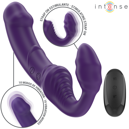 Double vibromasseur Jill Intense violet strapless en silicone texturé, zoom sur l'embout stimulant et les 10 modes de vibration, telecommande assortie