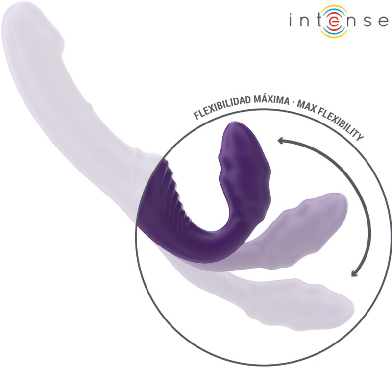 Double vibromasseur Jill Intense violet illustrant sa flexibilite maximale, forme strapless lisse qui se plie, silicone doux pour un usage a deux