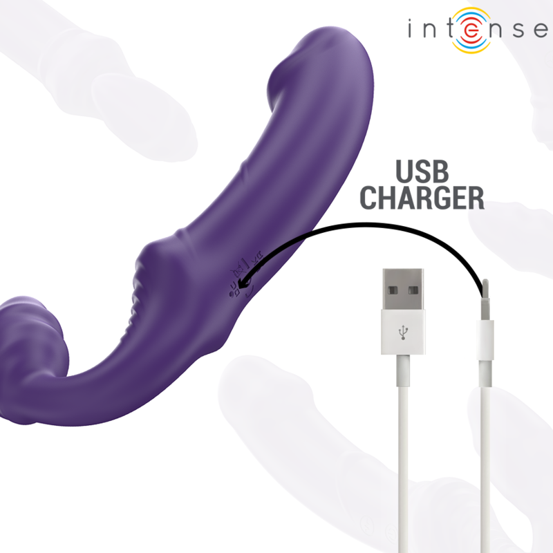 Double vibromasseur Jill Intense violet relié a son cable de charge USB, forme strapless en silicone lisse rechargeable, telecommande sans fil