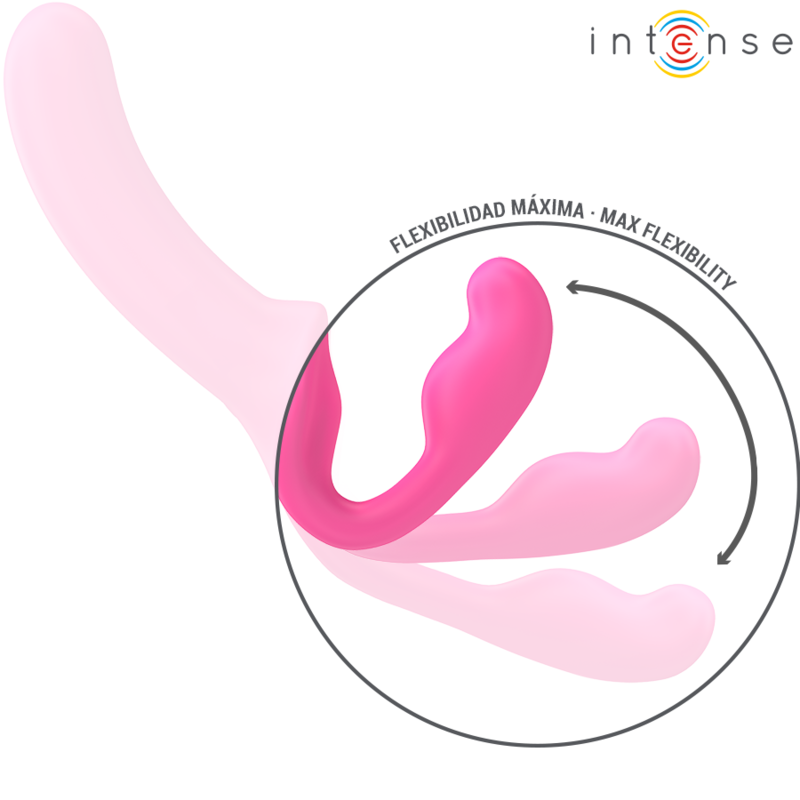 Double vibromasseur Amy Intense rose illustrant sa flexibilite maximale, forme strapless lisse qui se plie, silicone doux pour un usage partagé a deux