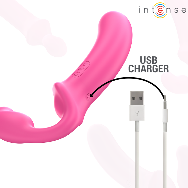 Double vibromasseur Amy Intense rose relié a son cable de charge USB, forme strapless en silicone lisse rechargeable, telecommande sans fil
