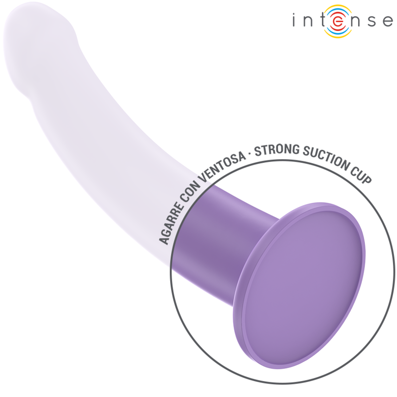 Gros plan sur la large ventouse adherente du vibromasseur Eddie Intense lilas, corps lisse incurvé en silicone doux pour une fixation mains libres