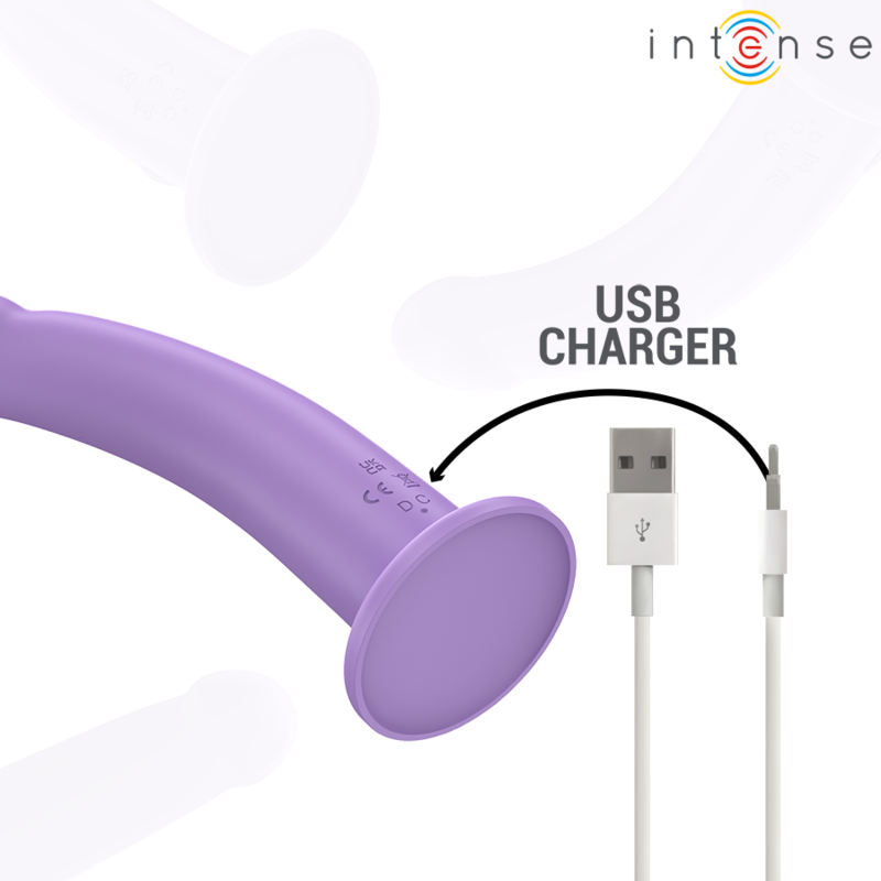 Vibromasseur Eddie Intense lilas a ventouse relié a son cable de charge USB, gode lisse incurvé en silicone doux rechargeable et discret