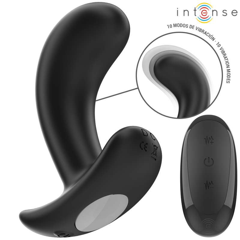 Plug anal vibrant Chandler Intense noir en silicone, zoom sur les 10 modes de vibration et telecommande a reglages on/off, base de securite evasee