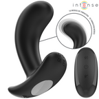 Plug anal vibrant Chandler Intense noir en silicone, zoom sur les 10 modes de vibration et telecommande a reglages on/off, base de securite evasee