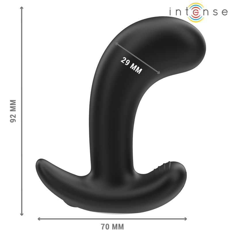 Plug anal Chandler Intense noir en silicone vu de profil avec cotes 92 mm de haut, 70 mm et 29 mm, forme bombee a base evasee securisante