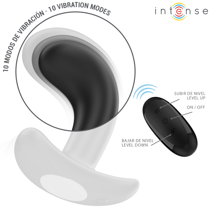 Plug anal vibrant Chandler Intense noir en silicone, zoom sur les 10 modes de vibration et telecommande a reglages, corps bombé a base evasee