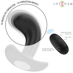 Plug anal vibrant Chandler Intense noir en silicone, zoom sur les 10 modes de vibration et telecommande a reglages, corps bombé a base evasee