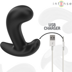 Plug anal Chandler Intense noir en silicone relié a son cable de charge USB, forme ergonomique courbee a base evasee, rechargeable et discret