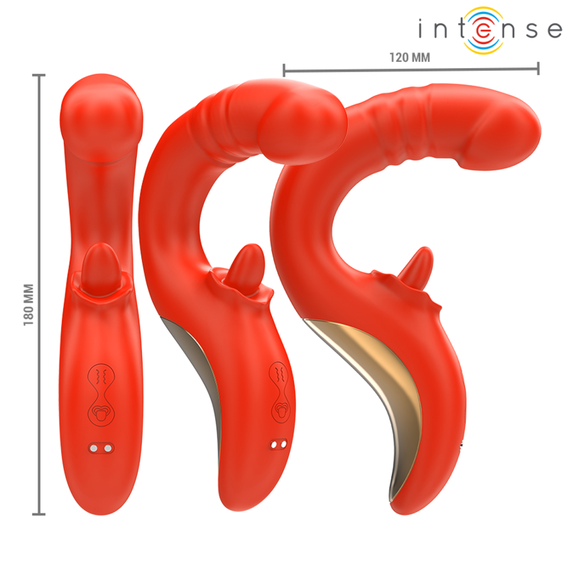 Trois vibromasseurs Paulina Intense rouges alignes avec cote 120 mm, tige a tete galbee realiste et bras clitoridien, double stimulation en silicone