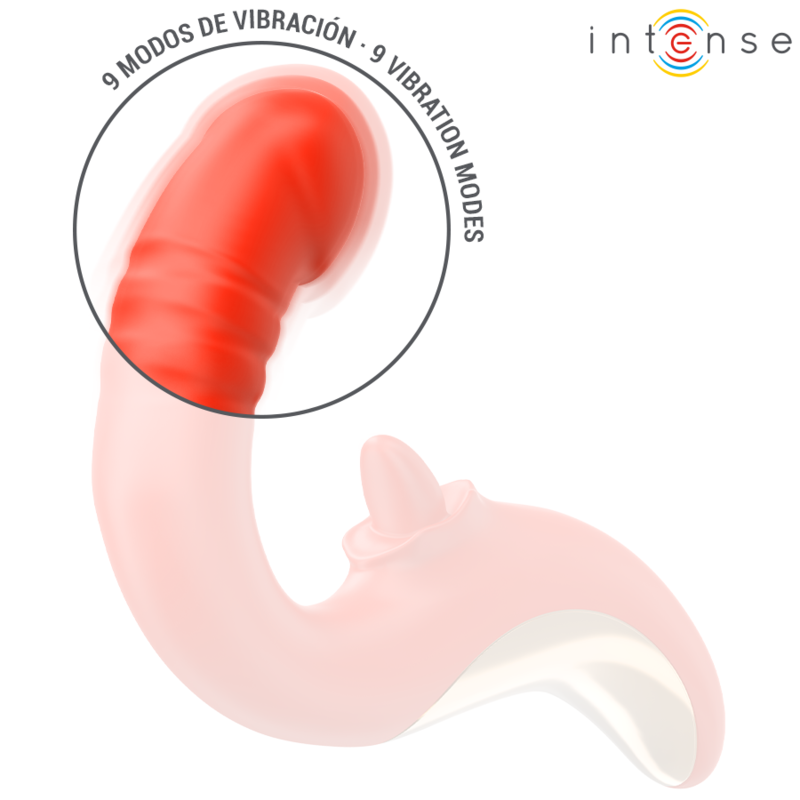 Vibromasseur Paulina Intense rouge en gros plan, tige a tete galbee realiste avec gland marqué, zoom sur les 9 modes de vibration en silicone doux
