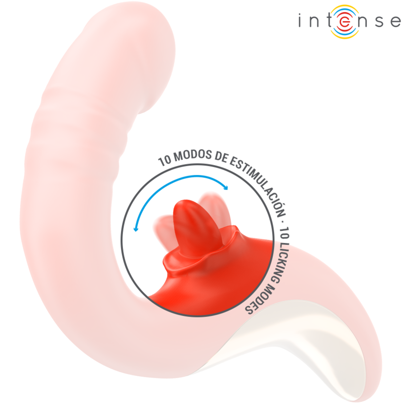 Vibromasseur Paulina Intense rouge de profil, tige a gland realiste et stimulateur clitoridien a langue, zoom sur les 10 modes de stimulation en silicone