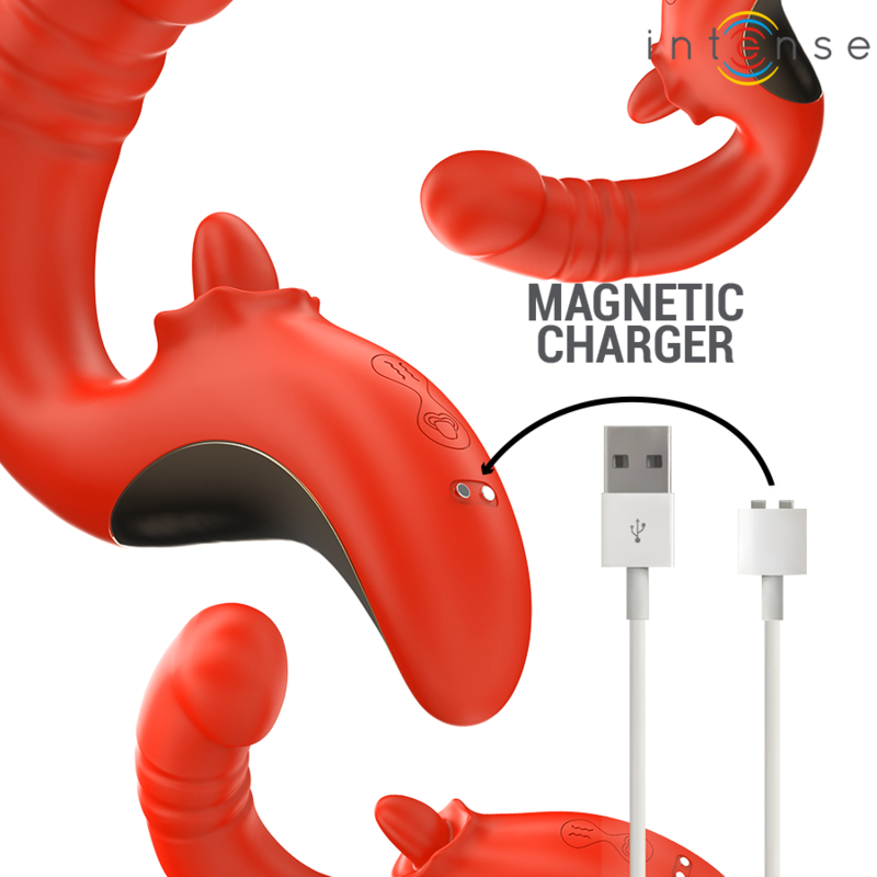 Vibromasseur Paulina Intense rouge avec son cable de charge magnetique, tige a tete galbee realiste et stimulateur clitoridien en fleur, silicone doux