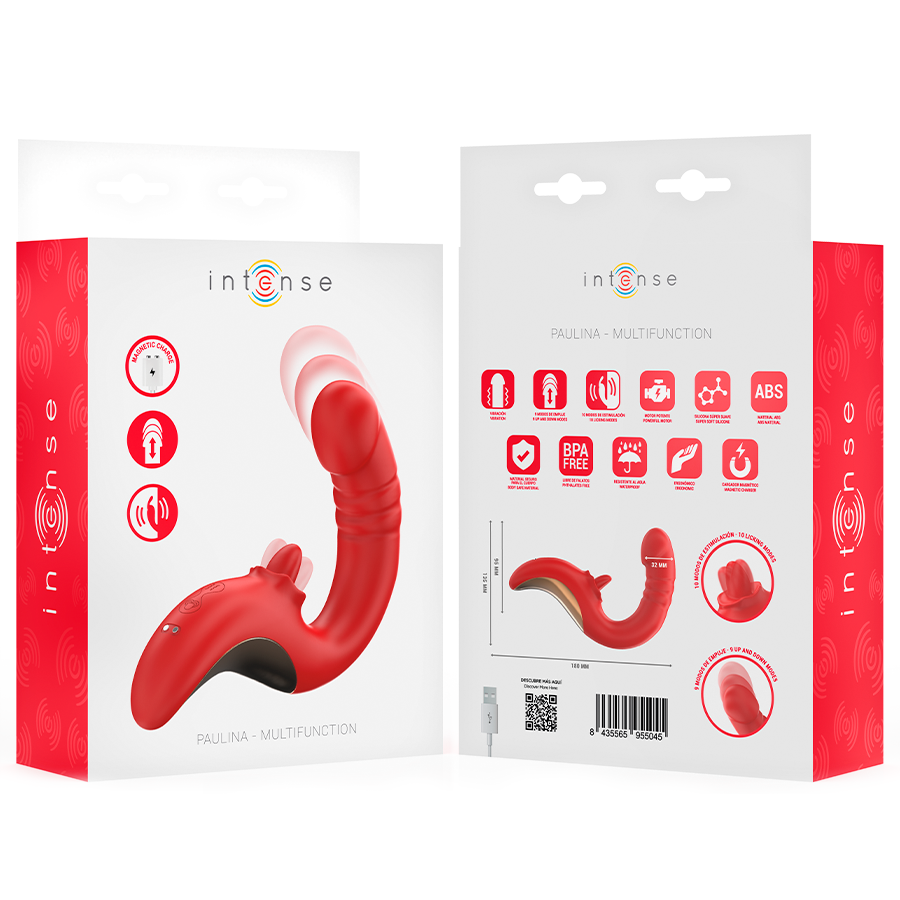 Emballage du vibromasseur Paulina multifonction Intense montrant la tige a gland realiste et la tete clitoridienne, boite rouge detaillant les fonctions