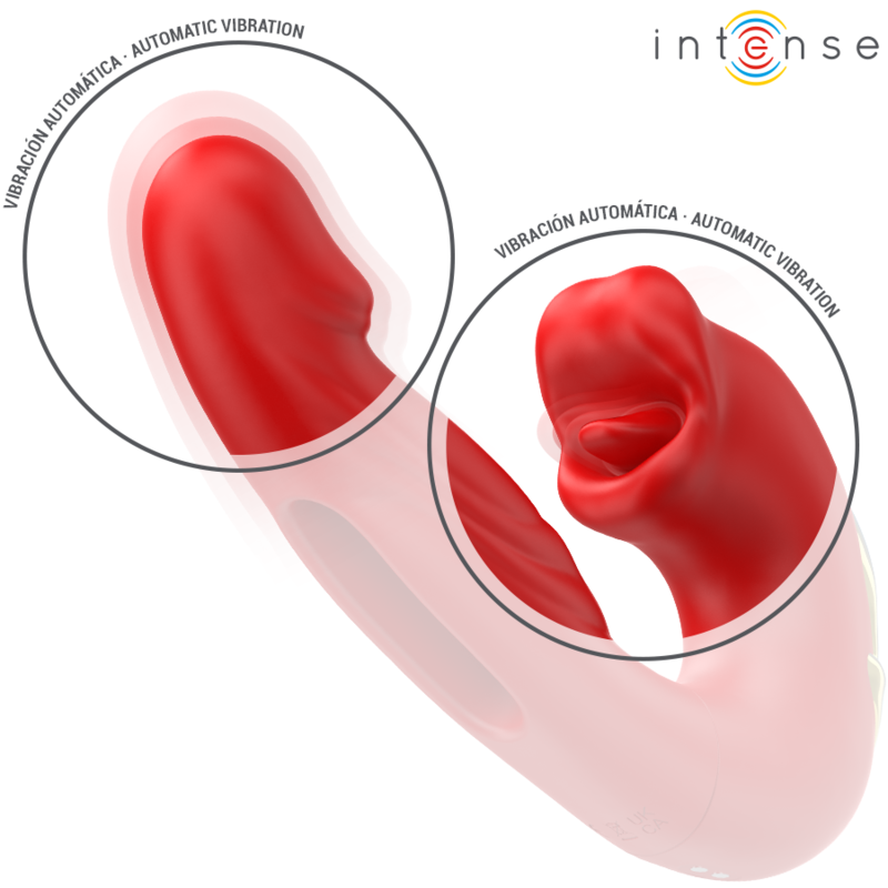 Zoom sur la vibration automatique de la bouche aspirante clitoridienne du double vibromasseur Nathy Intense rouge en silicone, double moteur independant