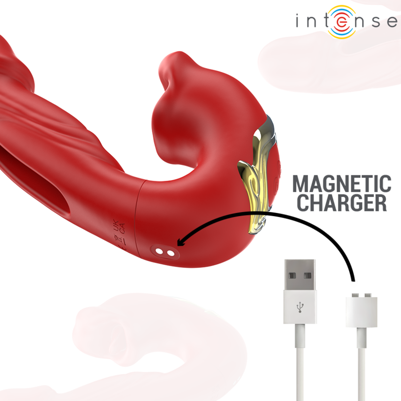 Double vibromasseur Nathy Intense rouge avec son cable de charge magnetique, tige stimulante et bouche aspirante clitoridienne en silicone rechargeable