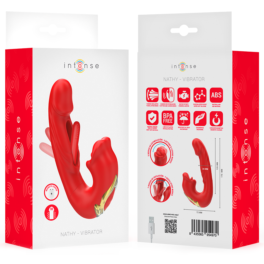 Emballage recto verso du double vibromasseur Nathy Intense, boite rouge detaillant pictogrammes, bouche aspirante et tige stimulante en silicone
