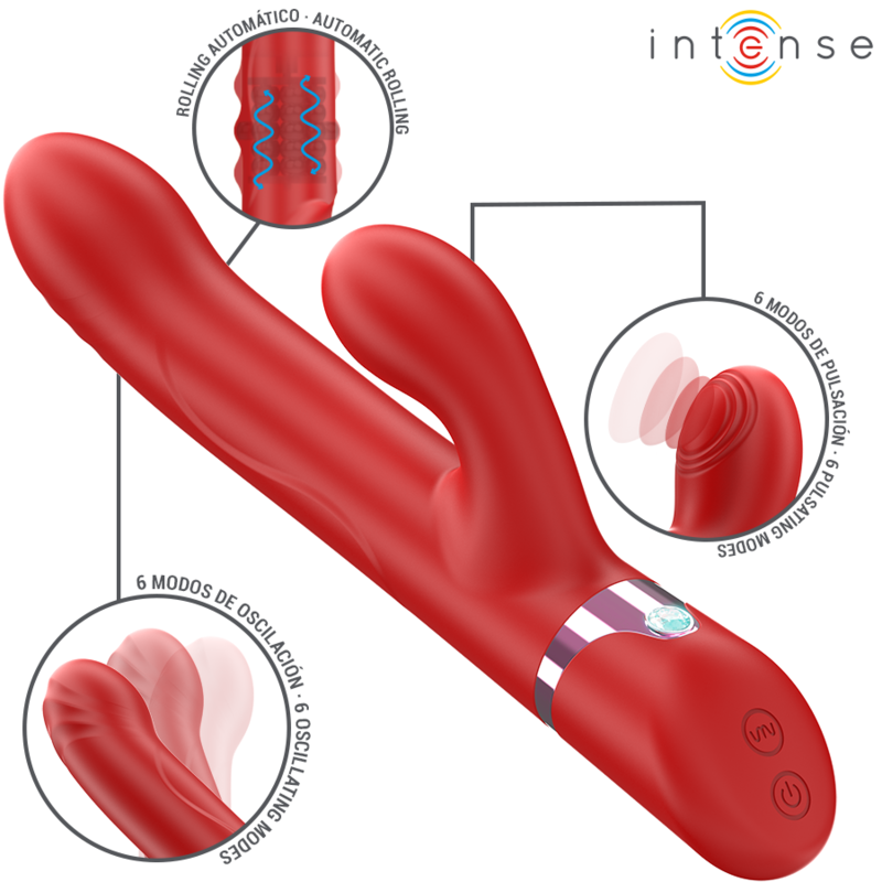 Vibromasseur rabbit Lele Intense rouge en silicone, zooms sur les 6 modes d'oscillation du bras clitoridien et le rolling rotatif de la tige point G