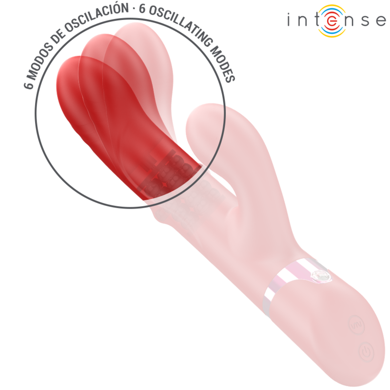 Zoom sur les 6 modes d'oscillation du bras clitoridien du vibromasseur rabbit Lele Intense rouge en silicone, double stimulation point G et clitoris