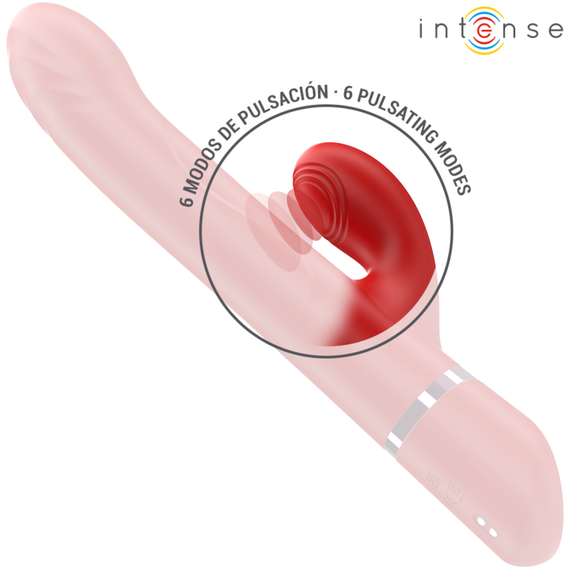 Zoom sur les 6 modes de pulsation du bras clitoridien du vibromasseur rabbit Lele Intense rouge en silicone, double moteur point G et clitoris