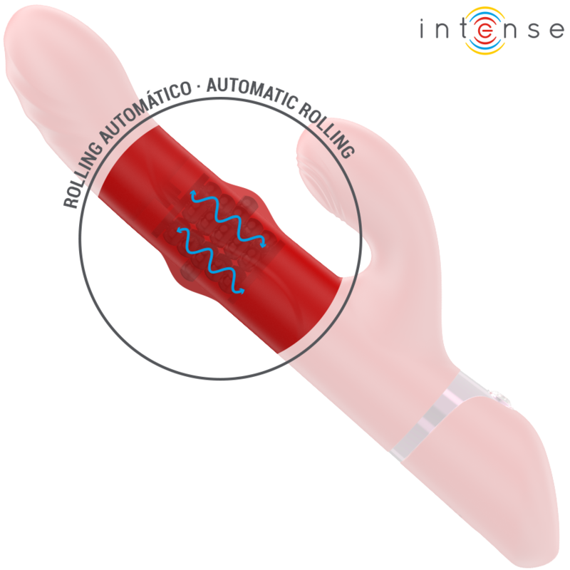 Zoom sur le rolling automatique de la tige interne du vibromasseur rabbit Lele Intense rouge en silicone, mouvement rotatif dedie au point G
