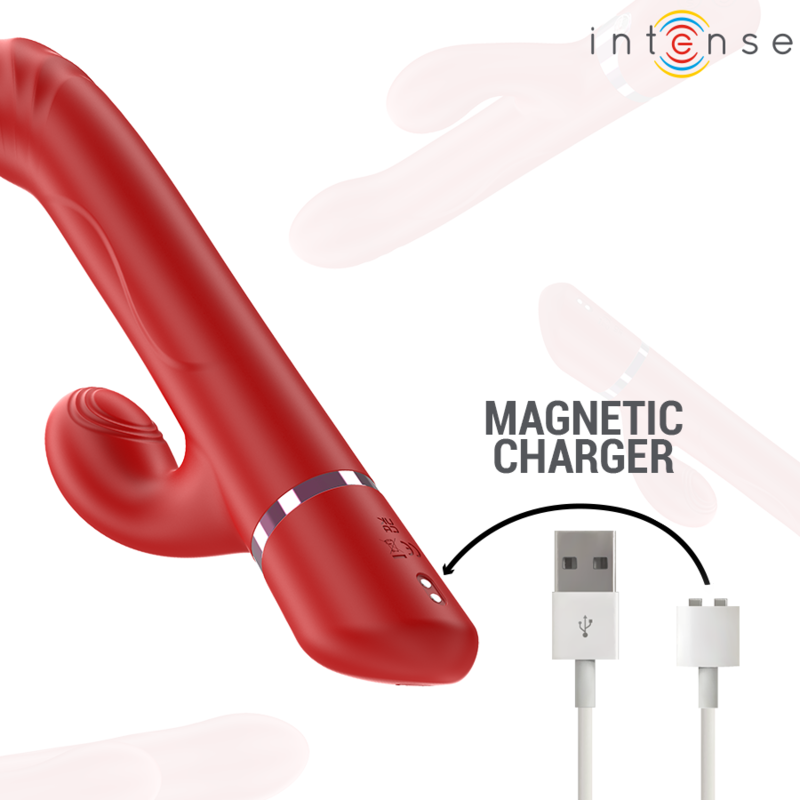 Vibromasseur rabbit Lele Intense rouge avec son cable de charge magnetique, tige rotative point G et bras clitoridien en silicone rechargeable
