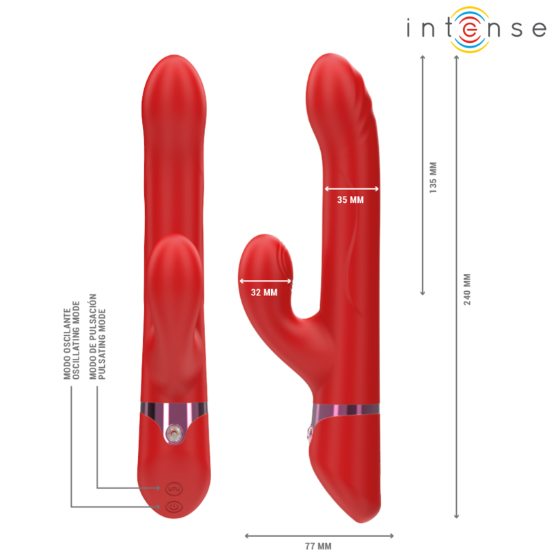 Vibromasseur rabbit Lele Intense rouge vu de face et de profil avec cotes 135 mm, 35 mm et 33 mm, tige rotative point G et bras clitoridien en silicone