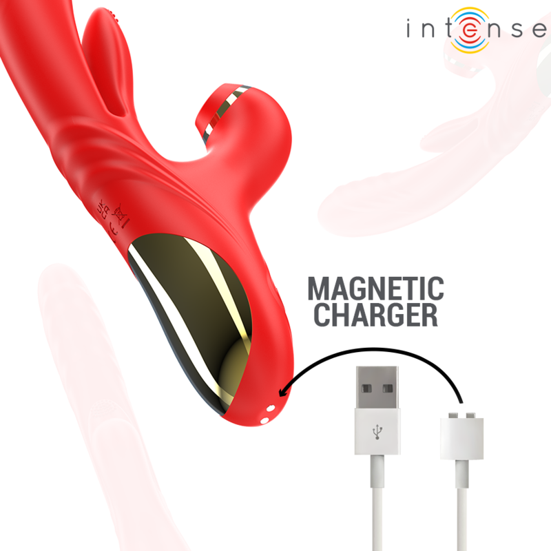 Vibromasseur rabbit Karol Intense rouge avec son cable de charge magnetique, tige a poussee point G et bouche a succion clitoridienne en silicone