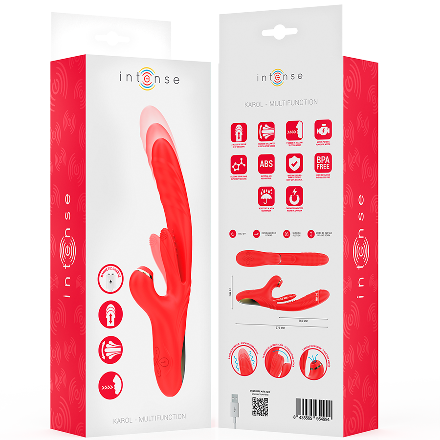 Emballage recto verso du vibromasseur rabbit Karol Intense, boite rouge detaillant pictogrammes, poussee point G et succion clitoridienne en silicone