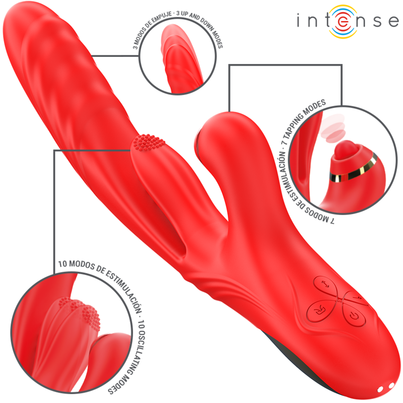 Triple vibrateur rabbit Rosalia rouge en silicone, encarts zoom sur la tete texturee et ses modes de poussee et tapping pour une stimulation multizone