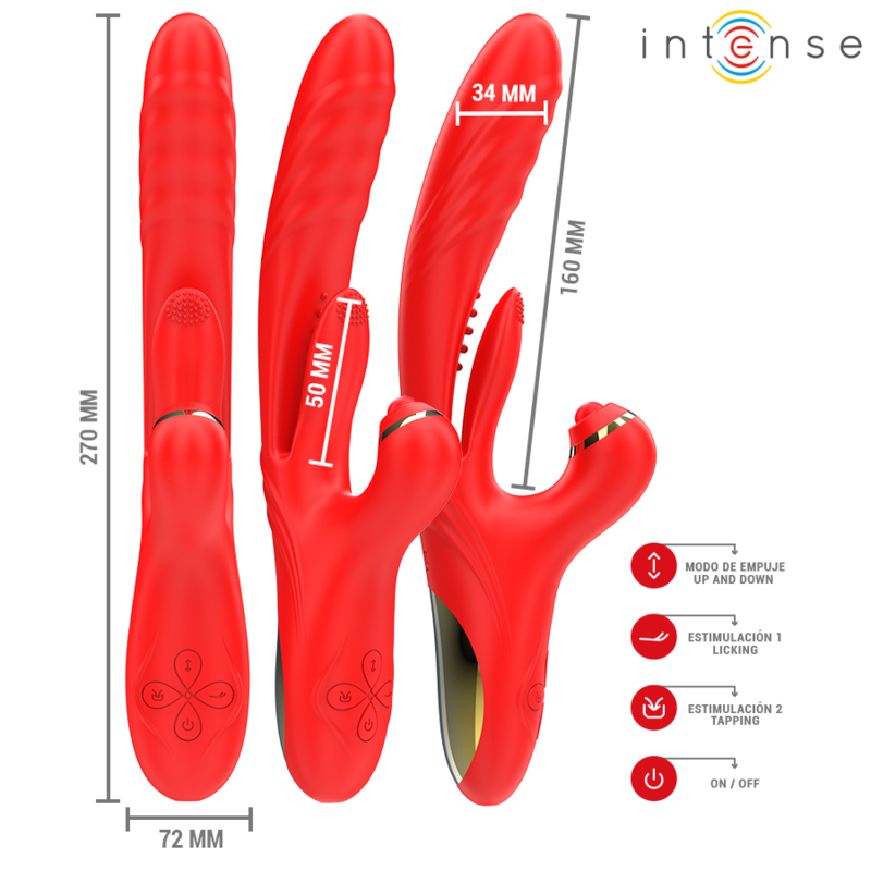 Triple vibrateur Rosalia rouge en silicone et ABS en trois vues, schema cote avec dimensions 270 mm et 72 mm, modes de poussee et oscillation indiques