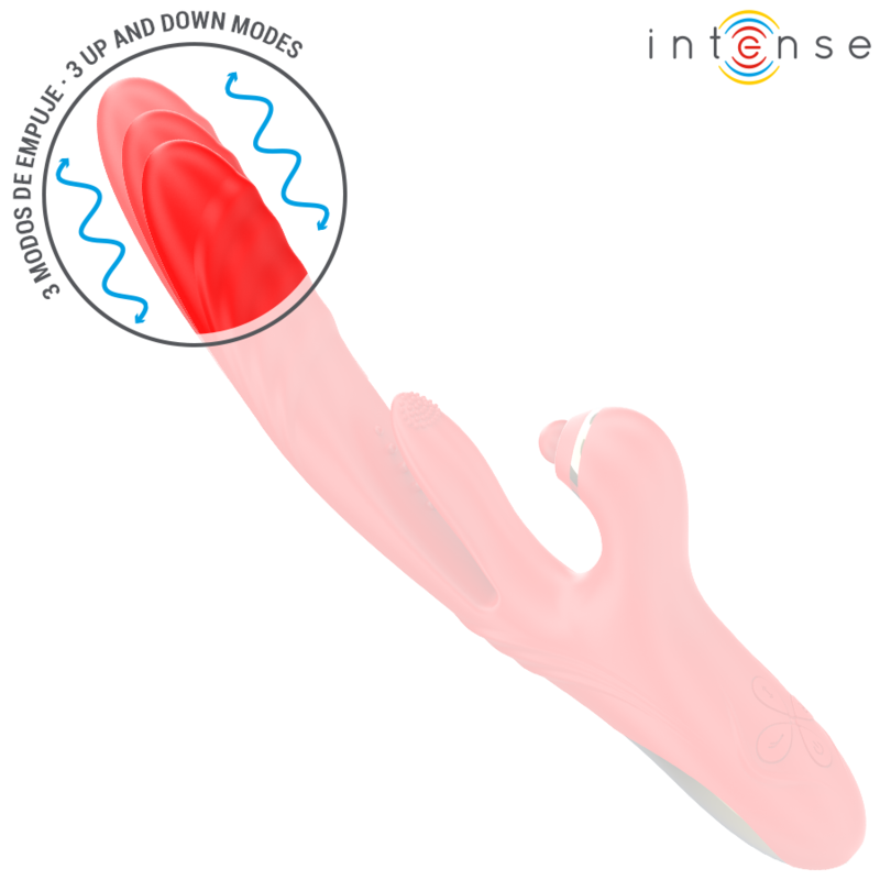 Triple vibrateur Rosalia rouge en silicone, encart agrandissant la tete a poussee et ses 3 modes up and down combinant tapping et stimulation clitoridienne