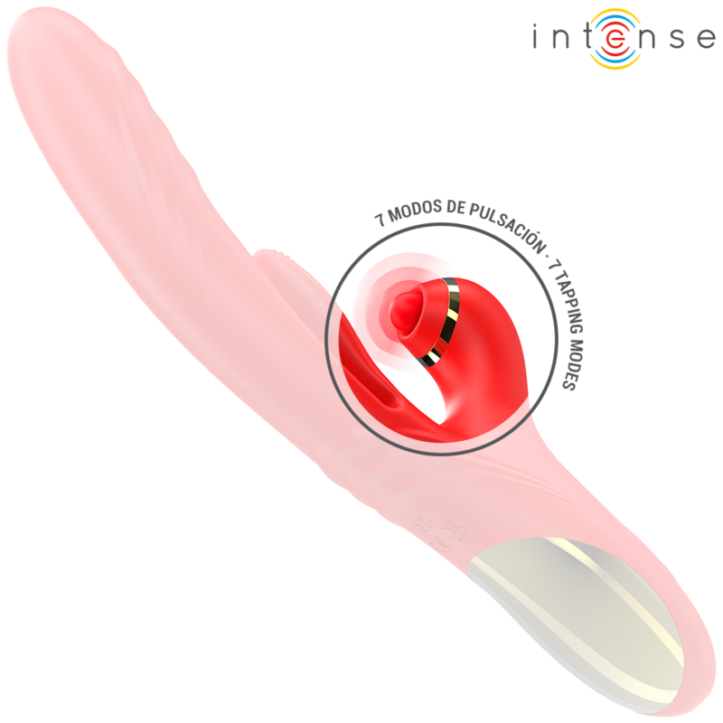 Triple vibrateur Rosalia rouge en silicone, encart soulignant les 7 modes de pulsation et tapping de la tete pour une double stimulation progressive