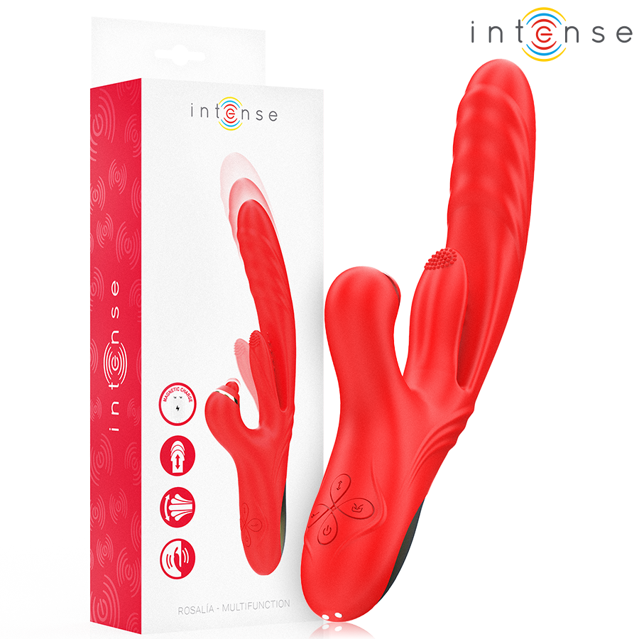 Boite Intense Rosalia et triple vibrateur rabbit rouge en silicone, jouet a poussee et oscillation multifonction pour stimulation simultanee de plusieurs zones