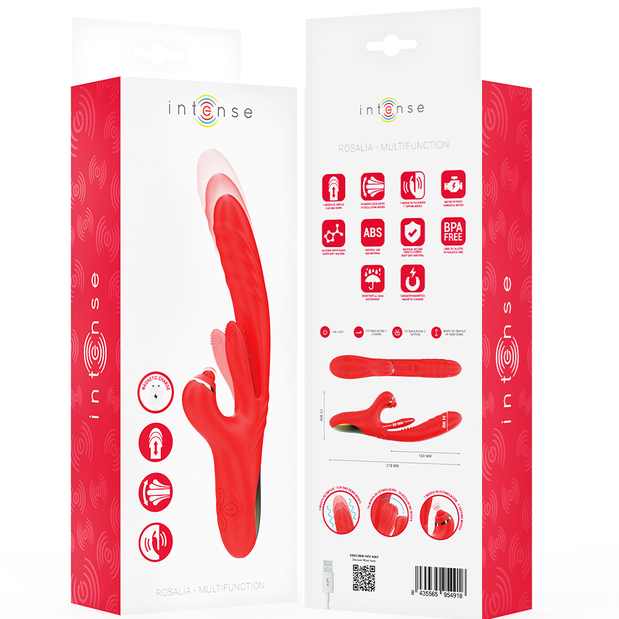 Boite Intense du triple vibrateur Rosalia, packaging rouge detaillant pictogrammes des modes de poussee, oscillation et pulsation en silicone body-safe