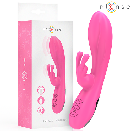 Vibromasseur rabbit Randall rose en silicone avec sa boite Intense, tige interne courbee point G et oreilles clitoridiennes, boutons de commande, design non realiste
