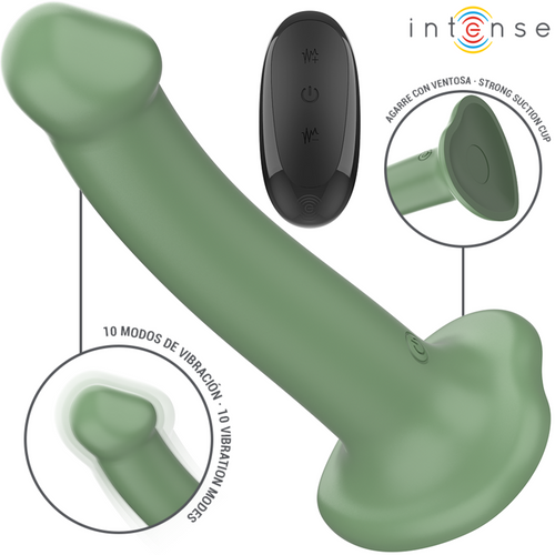 Gode vibrant Becca vert kaki avec base testiculaire et ventouse, 10 modes de vibration et telecommande, gros plan sur la prise ventouse.